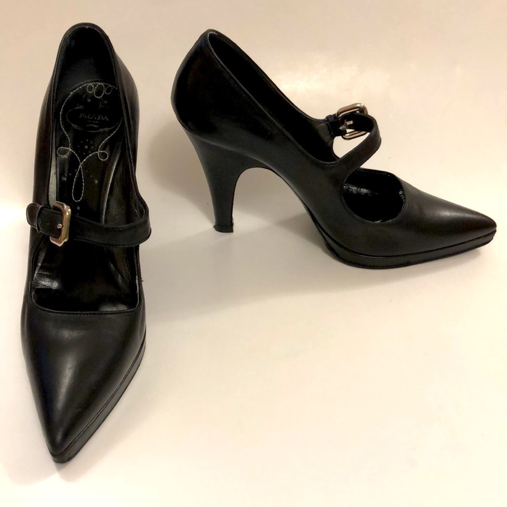 Prada 40 heel Black Mary Jane Leather adjust buckle strap platform shoe Excellen